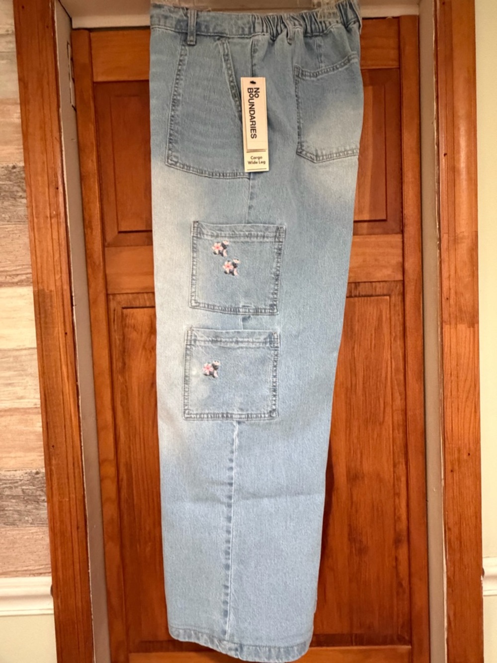 No Boundaries Light Blue Embroidered Cargo Wide Leg Women's Jeans